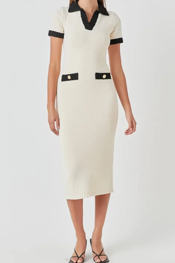 ENDLESS ROSE Sweaters & Knits | Tops*- Crochet Knit Collared Maxi Dress CREAM/BLACK
