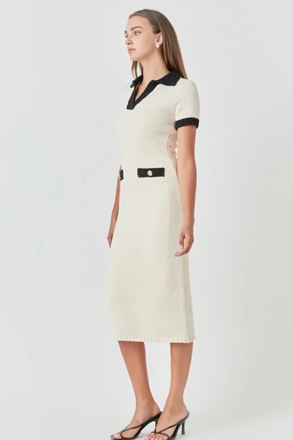 ENDLESS ROSE Sweaters & Knits | Tops*- Crochet Knit Collared Maxi Dress CREAM/BLACK