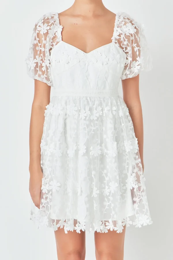 ENDLESS ROSE Lace Dresses | White Dresses*- Crochet Lace Bustier Puff Mini Dress WHITE