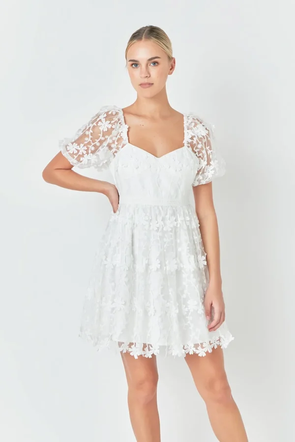 ENDLESS ROSE Lace Dresses | White Dresses*- Crochet Lace Bustier Puff Mini Dress WHITE