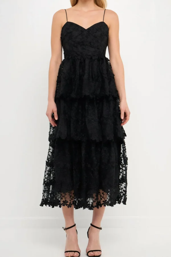 ENDLESS ROSE Floral Dresses | Tops*- Crochet Layered Midi Dress BLACK