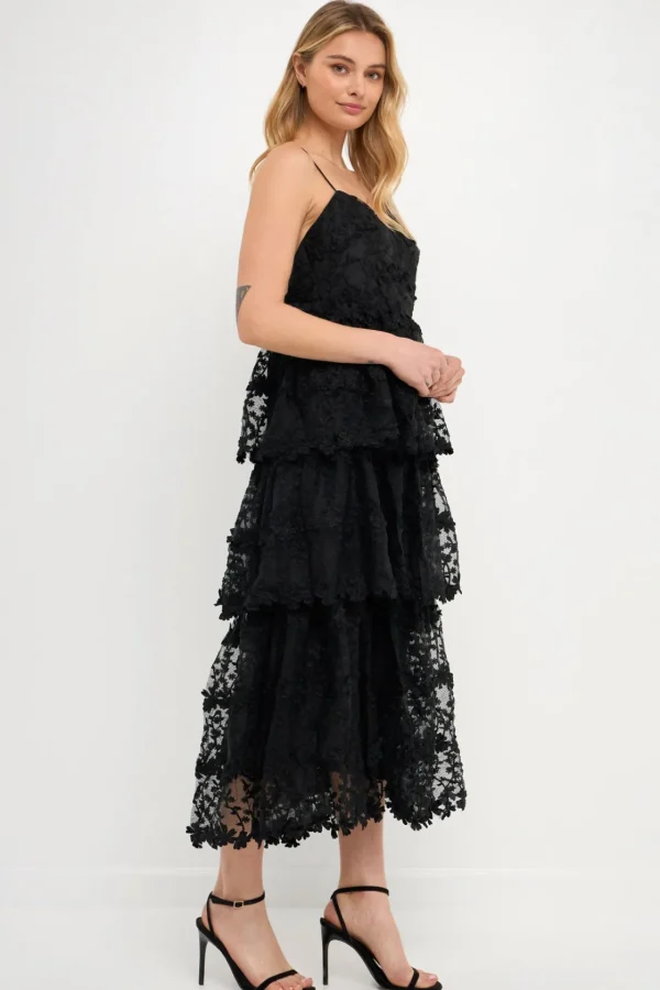 ENDLESS ROSE Floral Dresses | Tops*- Crochet Layered Midi Dress BLACK