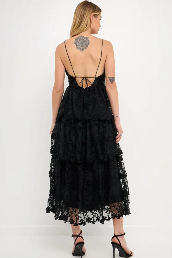 ENDLESS ROSE Floral Dresses | Tops*- Crochet Layered Midi Dress BLACK