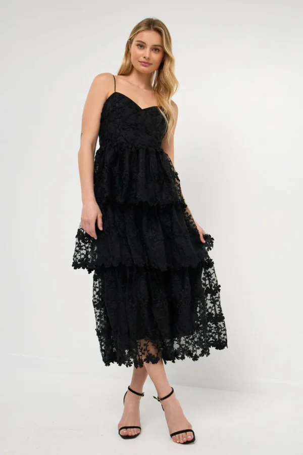 ENDLESS ROSE Floral Dresses | Tops*- Crochet Layered Midi Dress BLACK