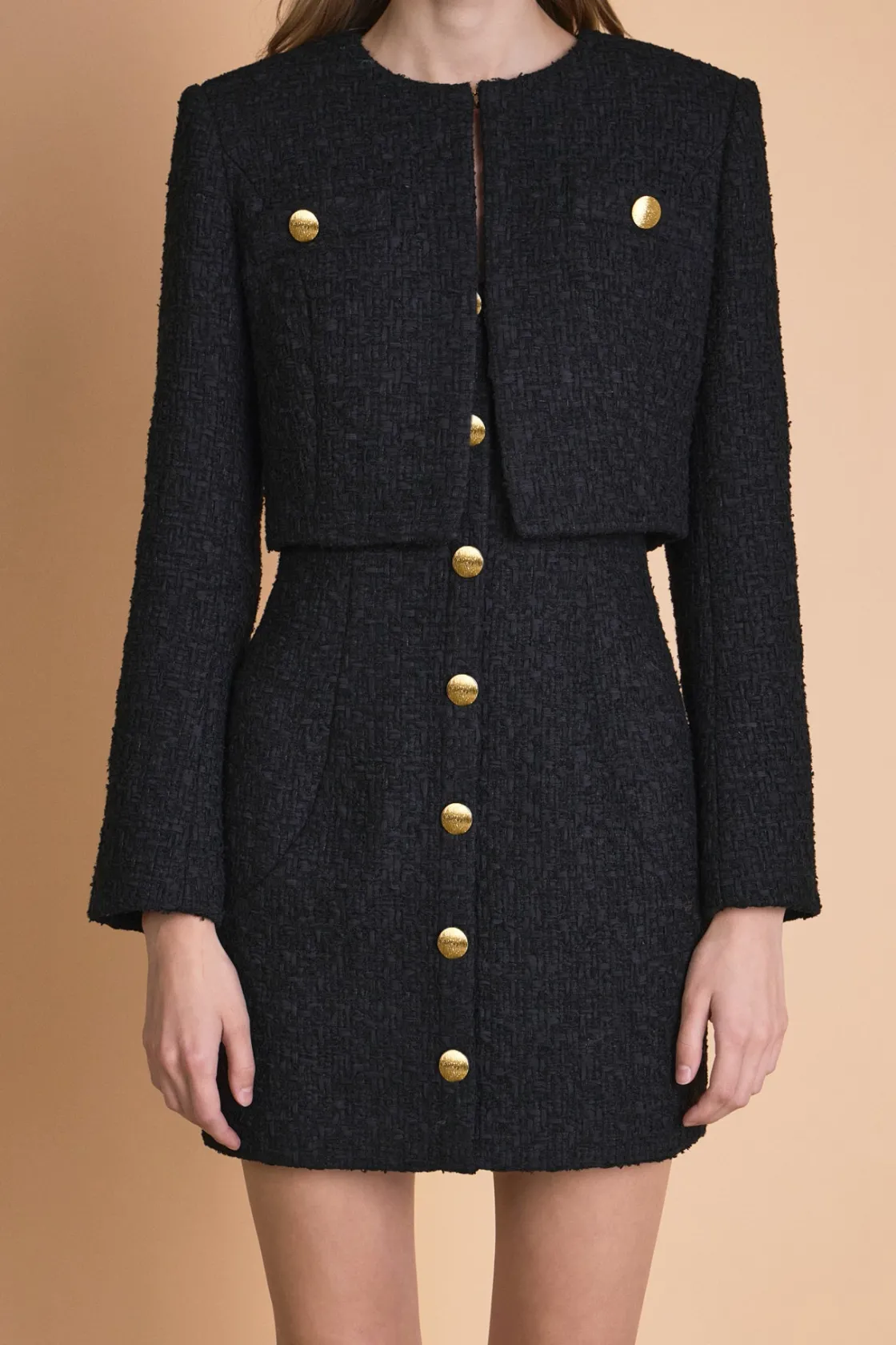 endless_rose__cropped_but_0.webp ENDLESS ROSE Matching Sets | Jackets & Coats*- Cropped Buttoned Tweed Jacket BLACK