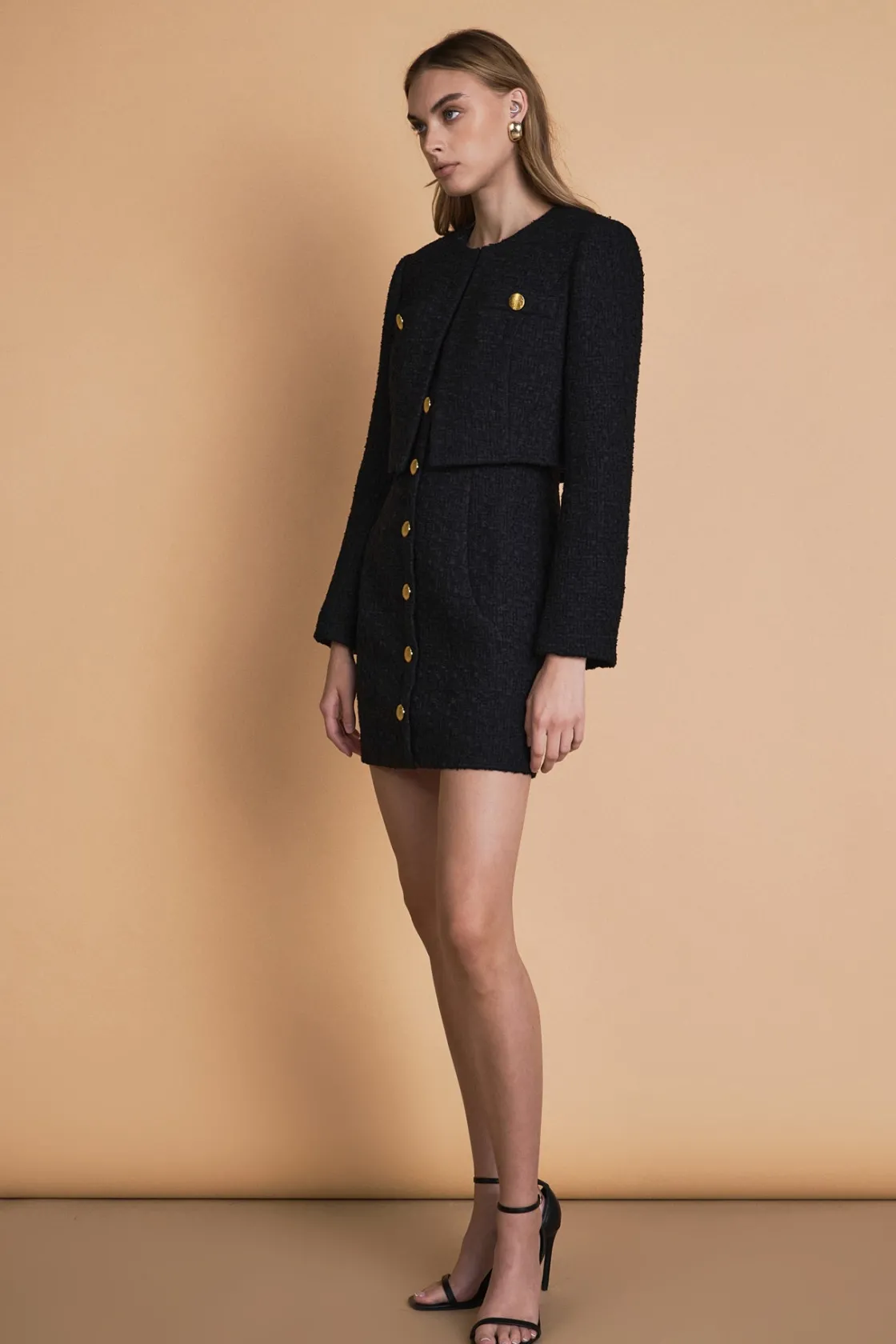 endless_rose__cropped_but_1.webp ENDLESS ROSE Matching Sets | Jackets & Coats*- Cropped Buttoned Tweed Jacket BLACK