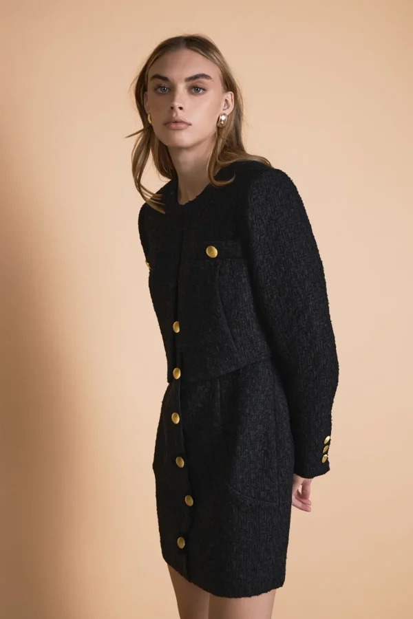 ENDLESS ROSE Matching Sets | Jackets & Coats*- Cropped Buttoned Tweed Jacket BLACK
