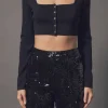 ENDLESS ROSE Tops*- Cropped Knit Buttoned Top BLACK