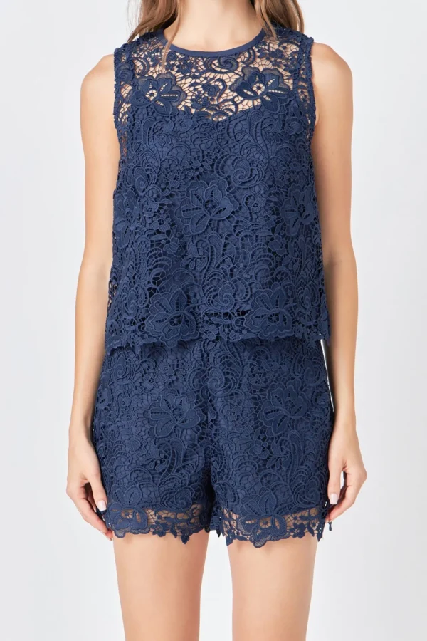 ENDLESS ROSE Matching Sets | Tops*- Deco Lace Sleeveless Top NAVY