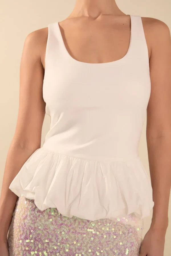 ENDLESS ROSE Tops*- Desi Scoop Neck Bubble Peplum Top WHITE