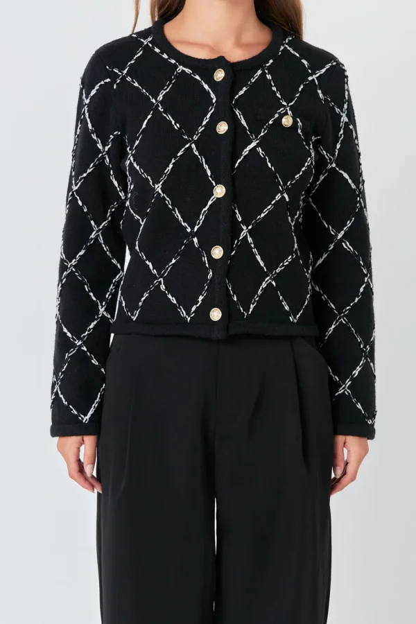 ENDLESS ROSE Sweaters & Knits | Tops*- Diamond Pattern Knit Long Sleeves Cardigan BLACK
