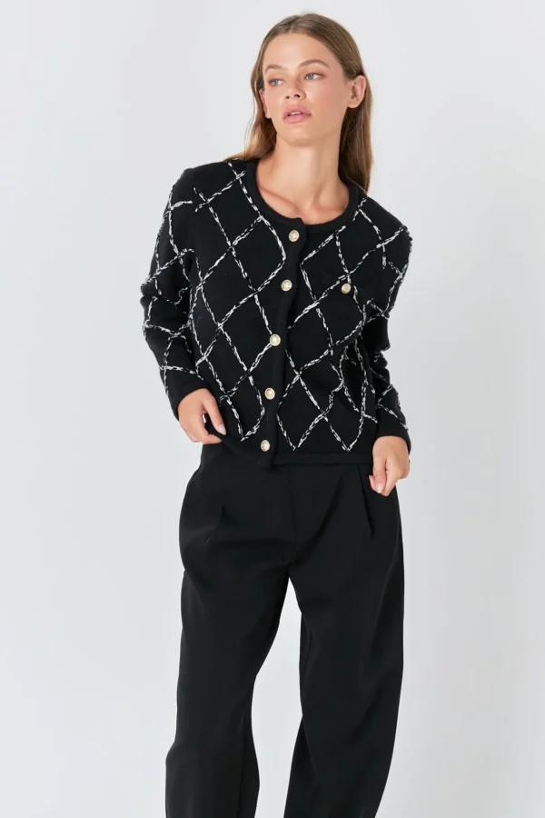 ENDLESS ROSE Sweaters & Knits | Tops*- Diamond Pattern Knit Long Sleeves Cardigan BLACK
