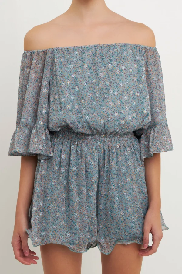 ENDLESS ROSE Tops*- Ditsy Floral Off the Shoulder Romper BLUE