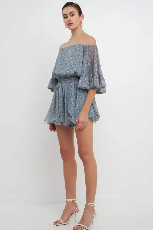 ENDLESS ROSE Tops*- Ditsy Floral Off the Shoulder Romper BLUE