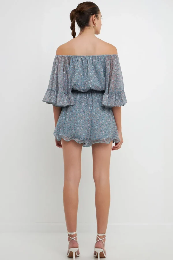 ENDLESS ROSE Tops*- Ditsy Floral Off the Shoulder Romper BLUE