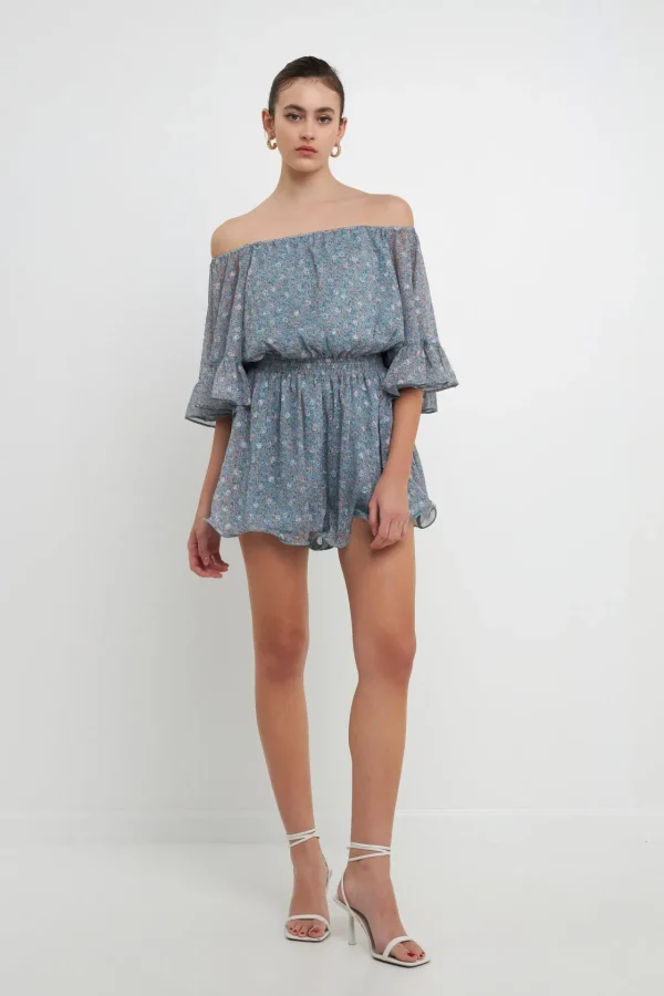ENDLESS ROSE Tops*- Ditsy Floral Off the Shoulder Romper BLUE