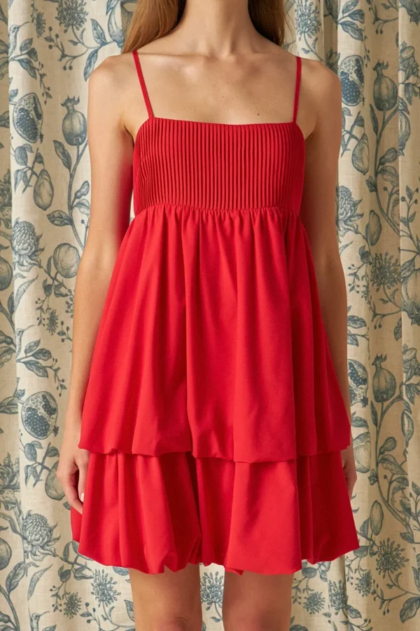 ENDLESS ROSE Tops*- Double Blouson Mini Dress RED