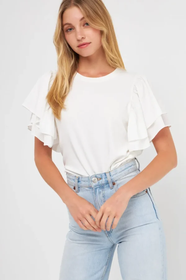 ENDLESS ROSE Tops*- Double Layers Ruffle Sleeve Crew Neck Top WHITE