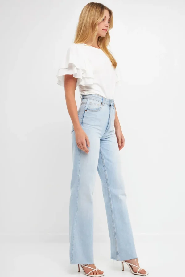 ENDLESS ROSE Tops*- Double Layers Ruffle Sleeve Crew Neck Top WHITE