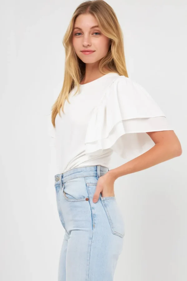 ENDLESS ROSE Tops*- Double Layers Ruffle Sleeve Crew Neck Top WHITE