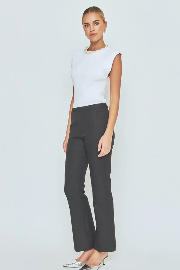 ENDLESS ROSE Tops*- Elevated Knit Top with Embellished Neckline WHITE