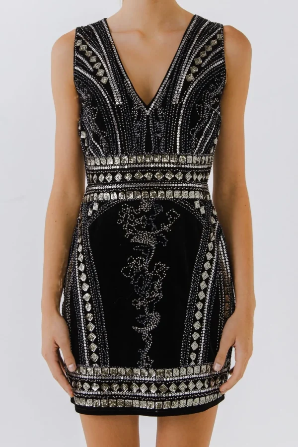 ENDLESS ROSE Tweed Dresses | Skirts*- Embellished Velvet Mini Dress BLACK