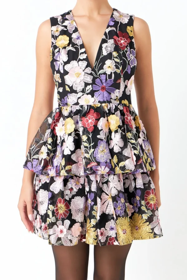 ENDLESS ROSE Tops*- Embroidered Sleeveless Mini Dress BLACKMULTI