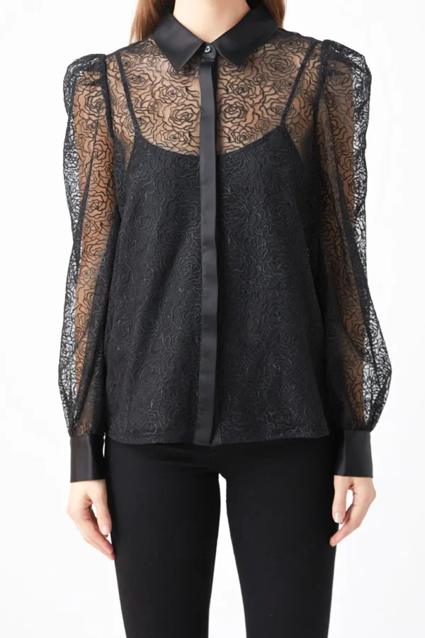 ENDLESS ROSE Shirts & Blouses | Tops*- Embroidered Mesh See Through Blouse BLACK