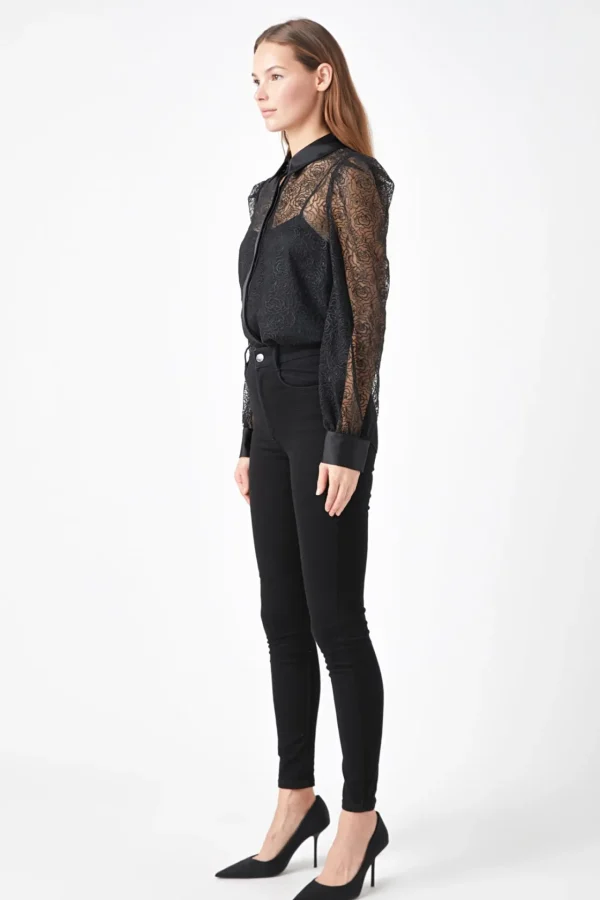 ENDLESS ROSE Shirts & Blouses | Tops*- Embroidered Mesh See Through Blouse BLACK