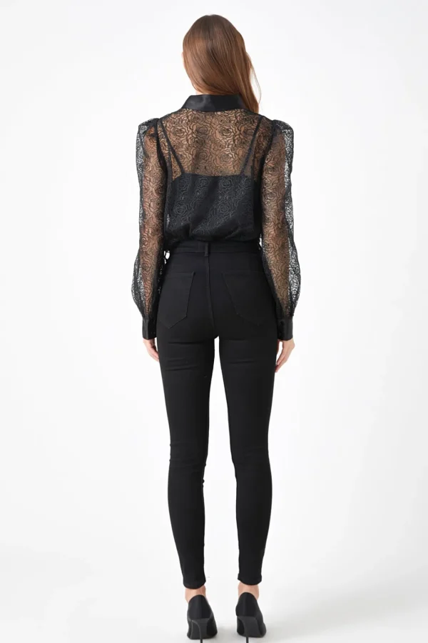 ENDLESS ROSE Shirts & Blouses | Tops*- Embroidered Mesh See Through Blouse BLACK