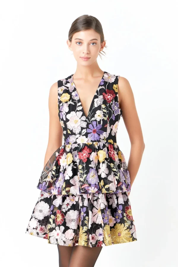 ENDLESS ROSE Tops*- Embroidered Sleeveless Mini Dress BLACKMULTI