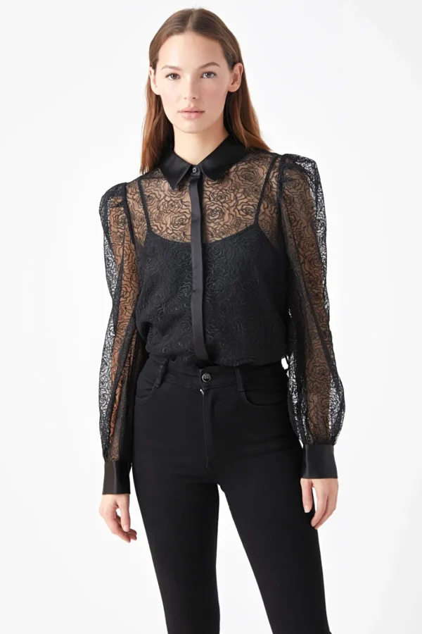 ENDLESS ROSE Shirts & Blouses | Tops*- Embroidered Mesh See Through Blouse BLACK