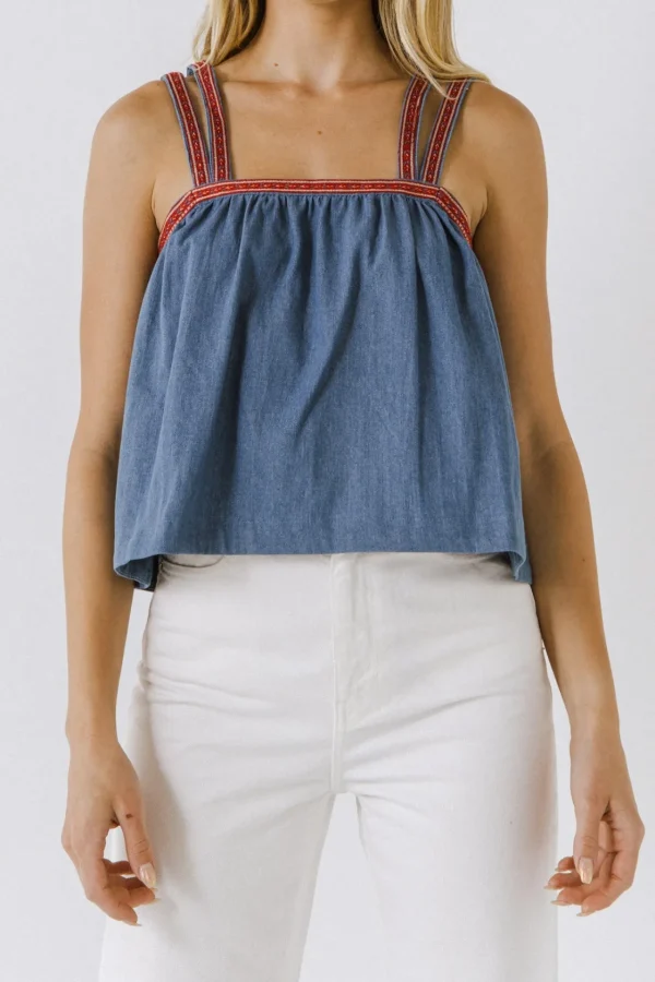 ENDLESS ROSE Denim | Tops*- Embroidery Detailed Top DENIM