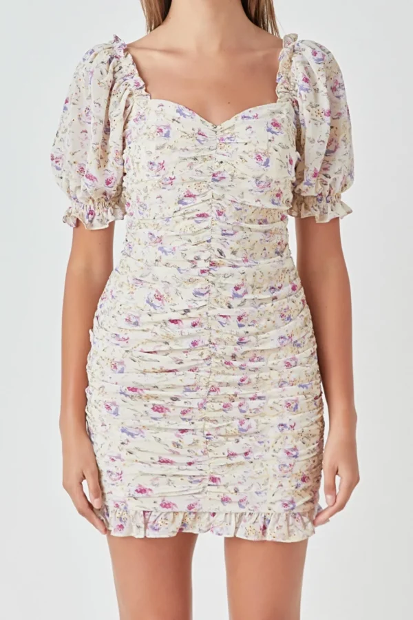 ENDLESS ROSE Tops*- Embroidery on Chiffon Shirred Mini Dress IVORYMULTI