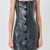 ENDLESS ROSE Leather Dresses | Tops*- Faux Leather Buttoned Mini Dress BLACK