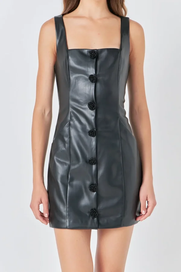 ENDLESS ROSE Leather Dresses | Tops*- Faux Leather Buttoned Mini Dress BLACK