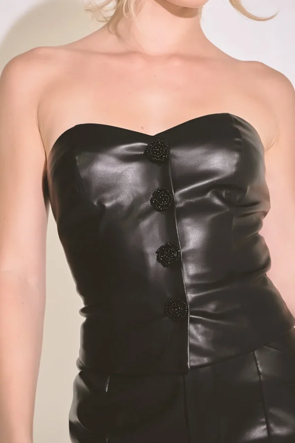ENDLESS ROSE Tops*- Faux Leather Strapless Top BLACK