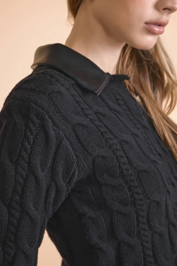 ENDLESS ROSE Sweaters & Knits | Tops*- Faux leather Cable Knit Sweater BLACK