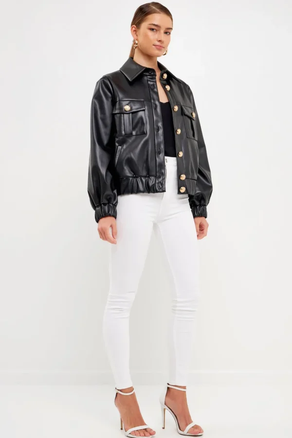 ENDLESS ROSE Jackets & Coats | Tops*- Faux Leather Jacket with Gold Buttons