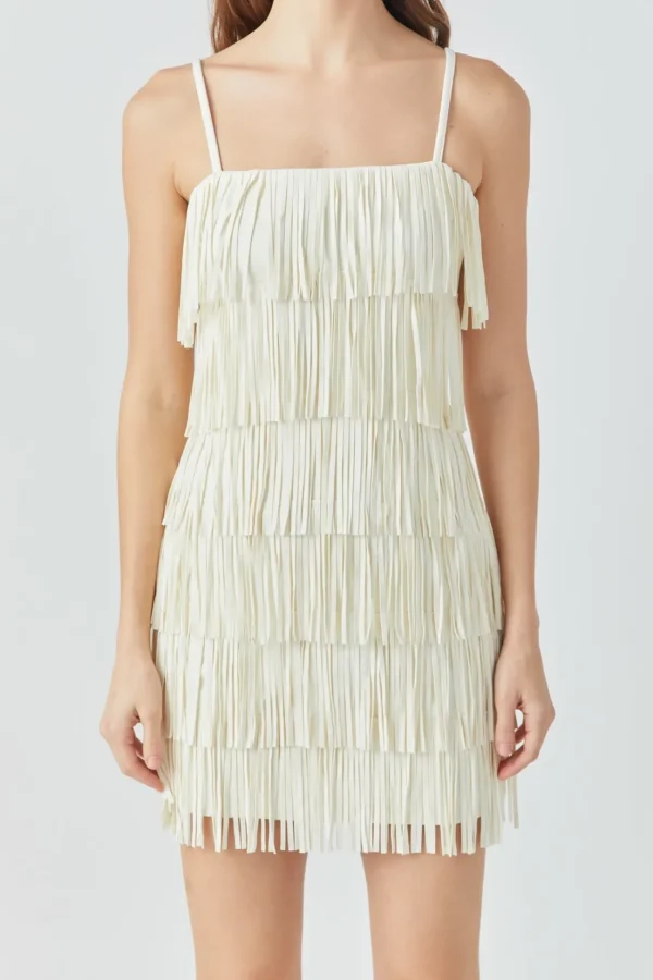 ENDLESS ROSE Tops*- Faux Suede Fringe Mini Dress IVORY