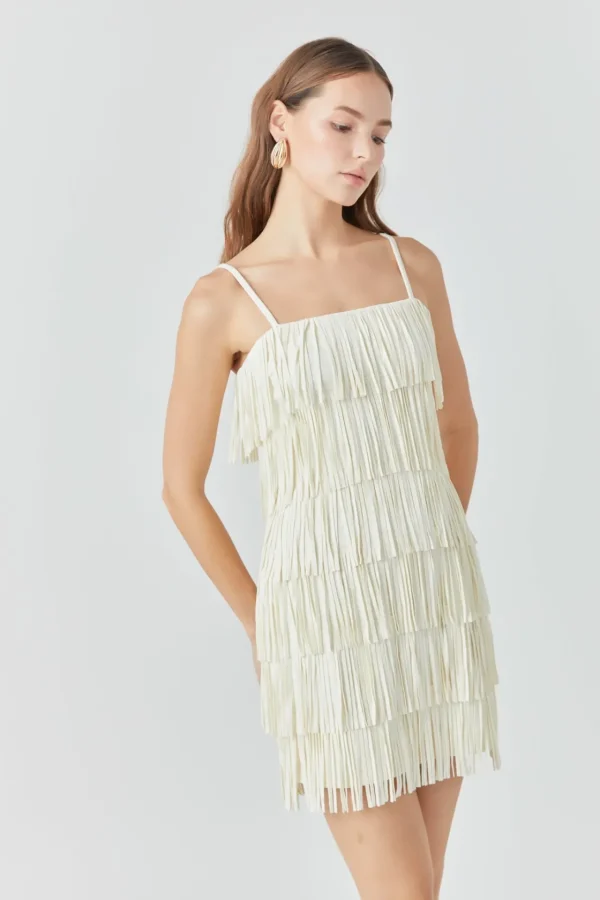 ENDLESS ROSE Tops*- Faux Suede Fringe Mini Dress IVORY