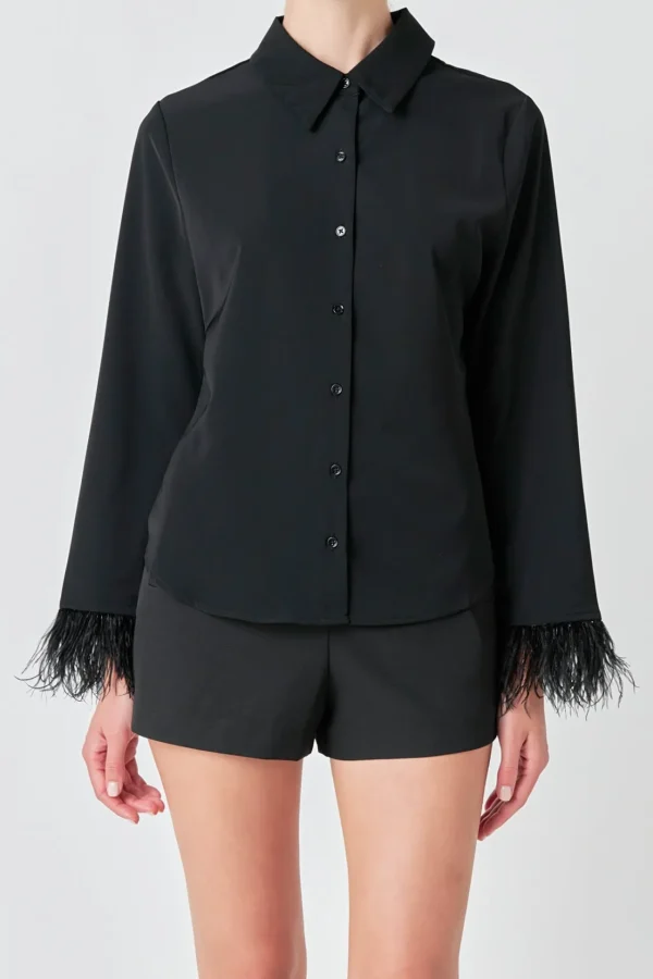ENDLESS ROSE Shirts & Blouses | Tops*- Feather Trimmed Fitted Blouse Top BLACK