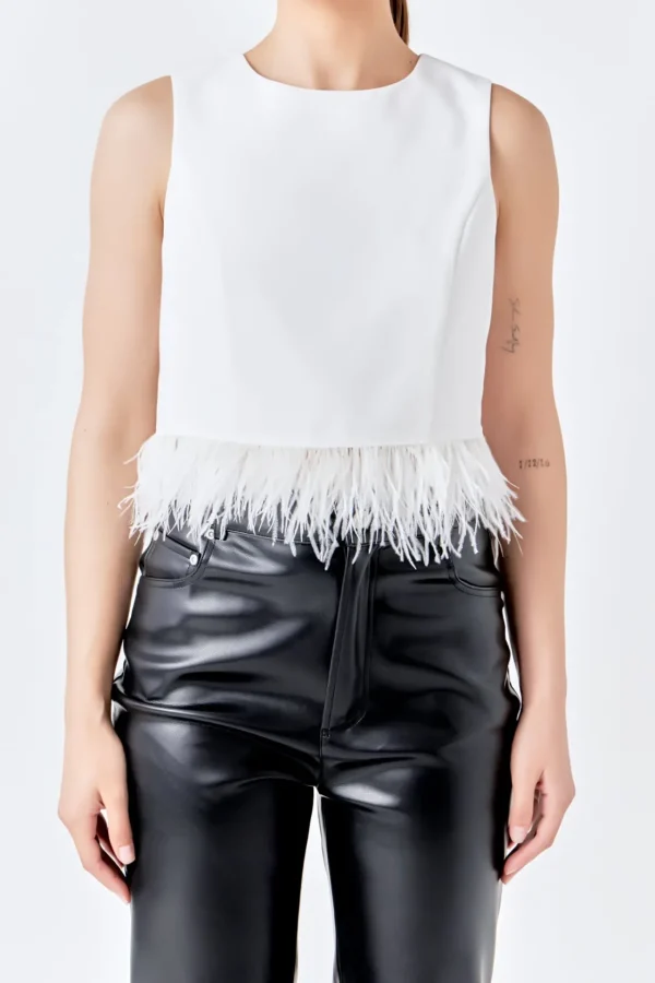 ENDLESS ROSE Tops*- Feather Trim Tie Top WHITE