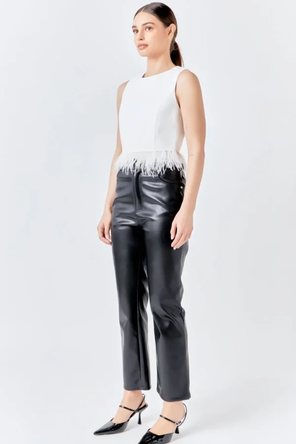 ENDLESS ROSE Tops*- Feather Trim Tie Top WHITE