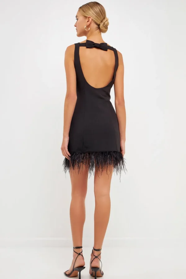 ENDLESS ROSE Little Black Dress | Strapless*- Feather Trim Mini Dress BLACK