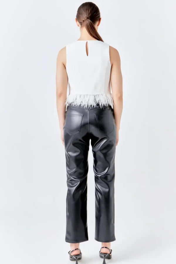 ENDLESS ROSE Tops*- Feather Trim Tie Top WHITE