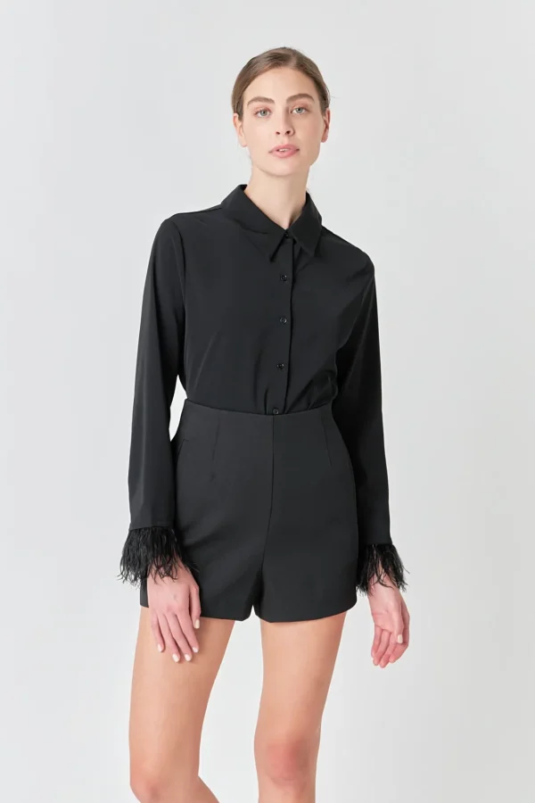 ENDLESS ROSE Shirts & Blouses | Tops*- Feather Trimmed Fitted Blouse Top BLACK