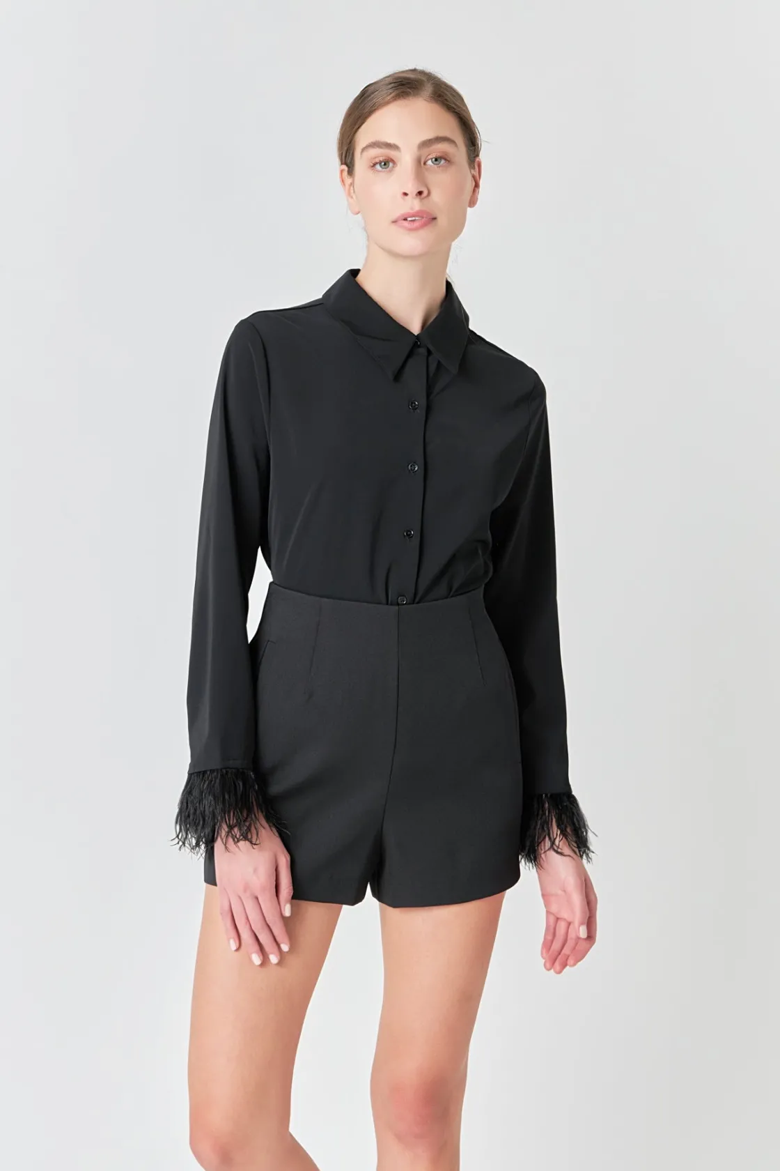 endless_rose__feather_tri_3-1.webp ENDLESS ROSE Shirts & Blouses | Tops*- Feather Trimmed Fitted Blouse Top BLACK