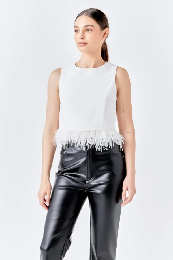 ENDLESS ROSE Tops*- Feather Trim Tie Top WHITE