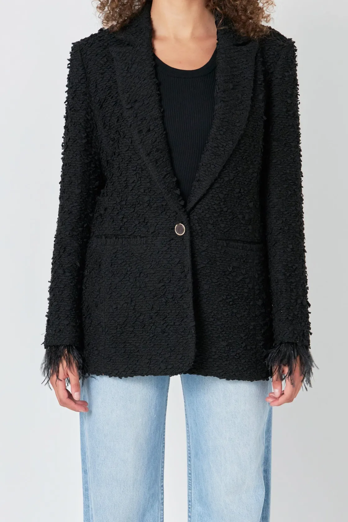 endless_rose__feathertrim_0.webp ENDLESS ROSE Blazers | Tops*- Feather-Trimmed Tweed Blazer BLACK